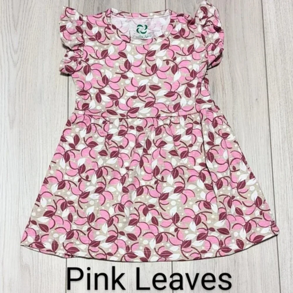 Toddler Girls Ruffle Sleeves Cotton Dress –Pink Leaves Print, NWOT , Casual Wear